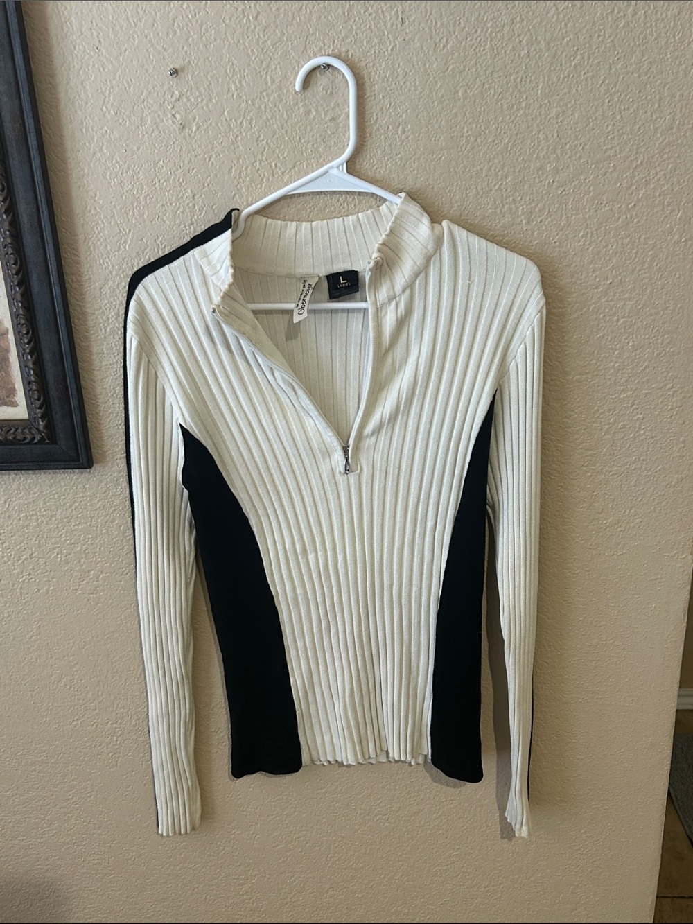 Obermeyer Ribbed Quarter Zip Sweater Top Cream Black Colorblock Size L